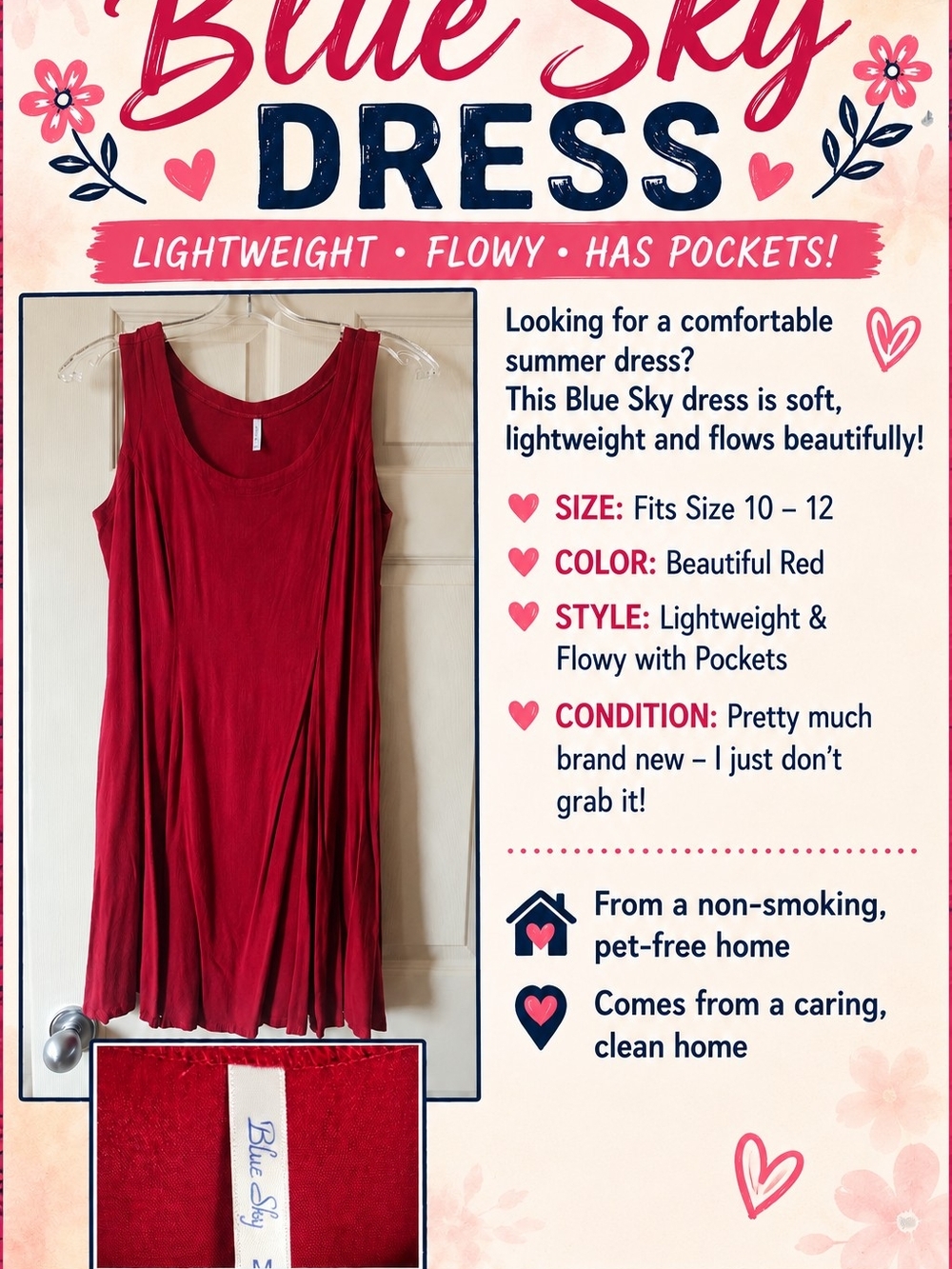Blue Sky Red Sleeveless Flow Dress with Pockets